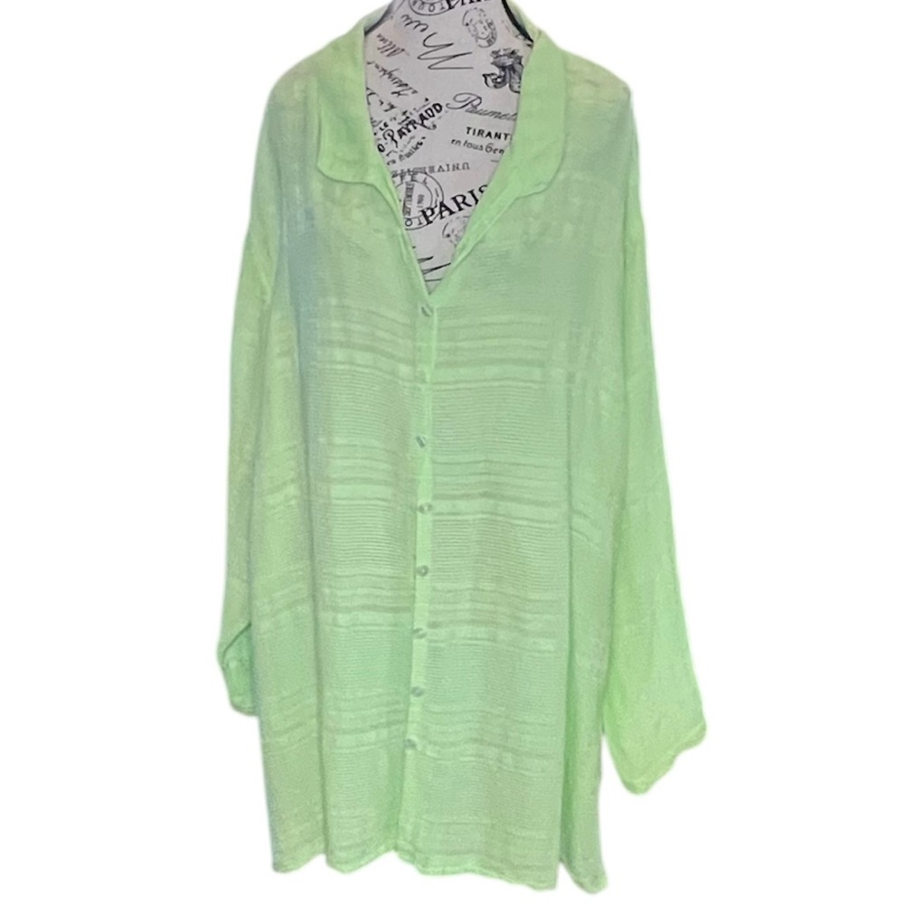 Fresh Produce Lime Green Button Down, Long Sleeve Linen Blend Shirt Size 3X